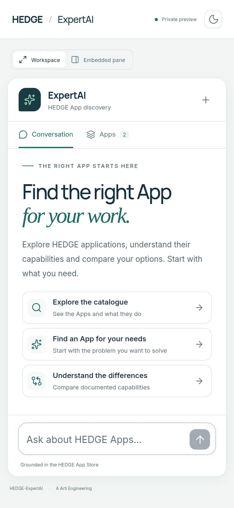 Live HEDGE mobile interface — conversation and application tabs with a compact discovery workspace