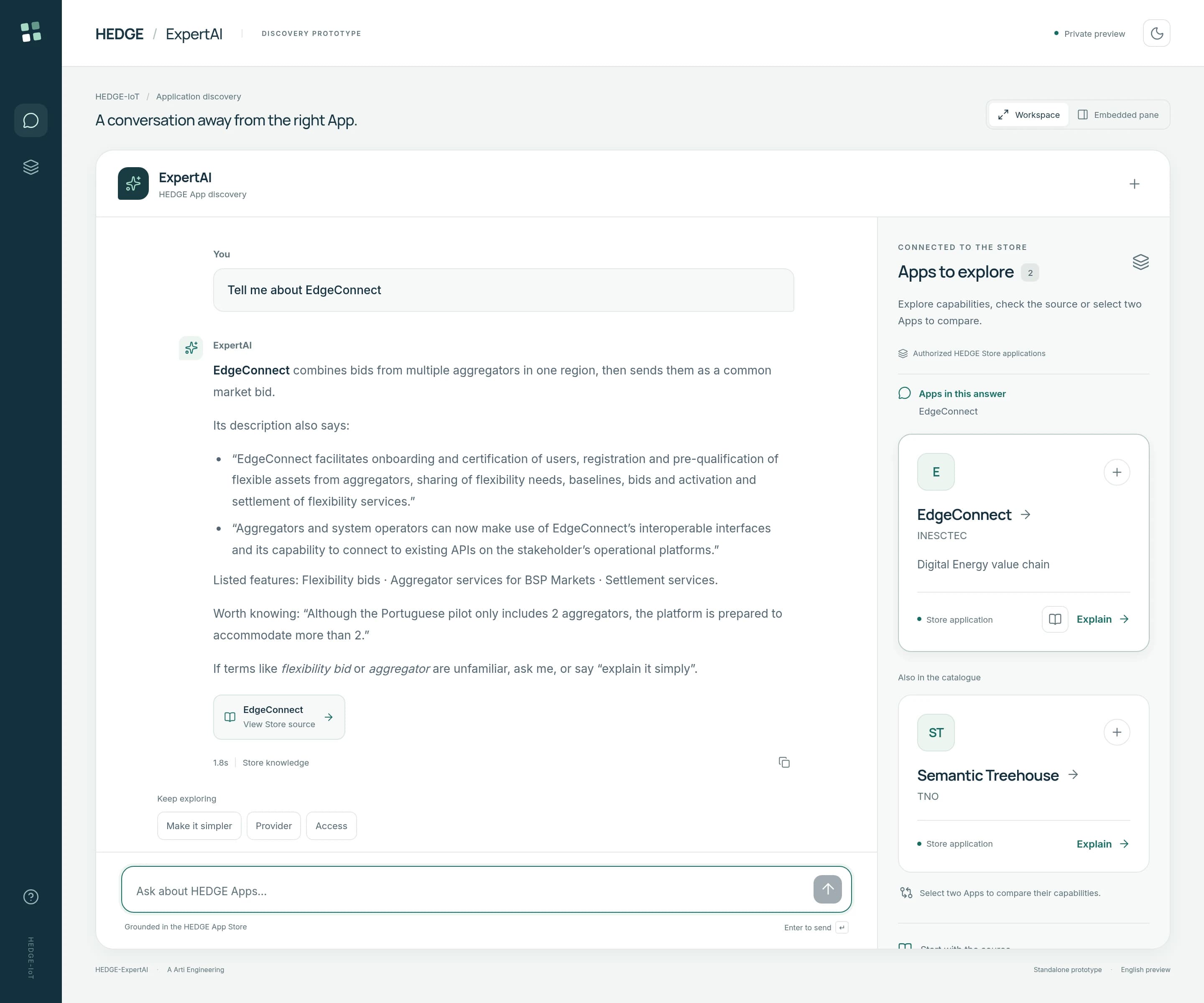 Live EdgeConnect explanation — application capabilities, quoted Store evidence, and source-linked follow-ups