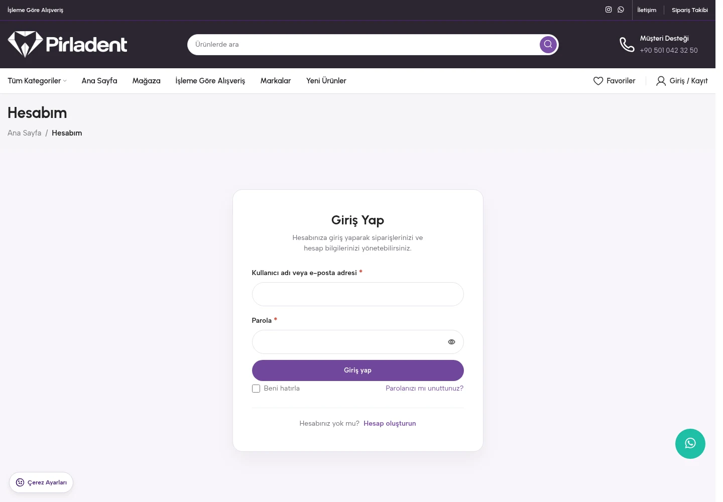 Pirladent customer account — sign-in form, password recovery, and registration entry point
