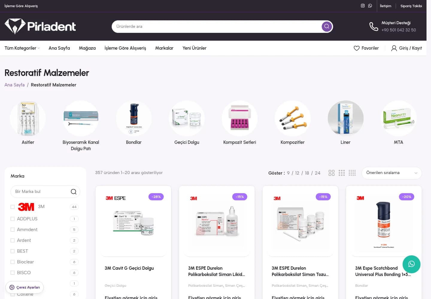 Pirladent restorative-materials catalog — category navigation and product browsing with account-based pricing